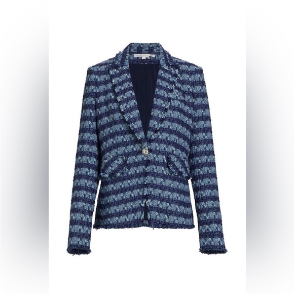 $698 Veronica Beard Cutaway Dickey Jacket Blazer blue luxe fringe trim tweed 8 - Picture 2 of 16